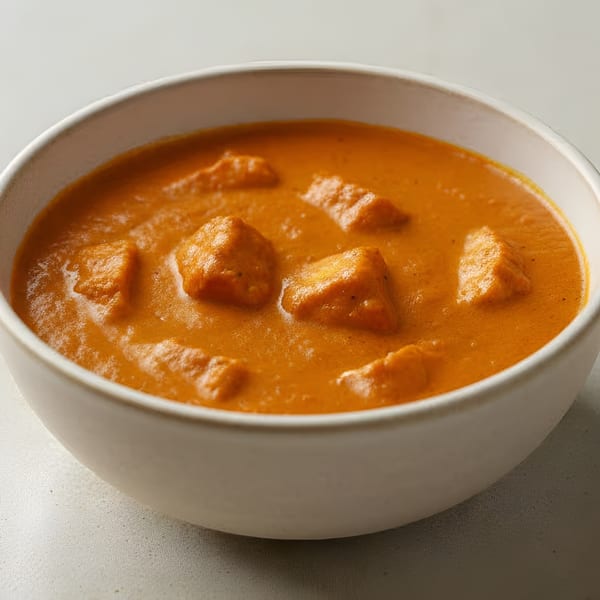 A white bowl filled with Gol Bowl's vibrant orange Indian butter chicken curry.