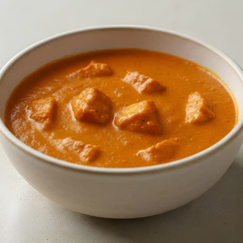 A white bowl filled with Gol Bowl's vibrant orange Indian butter chicken curry.